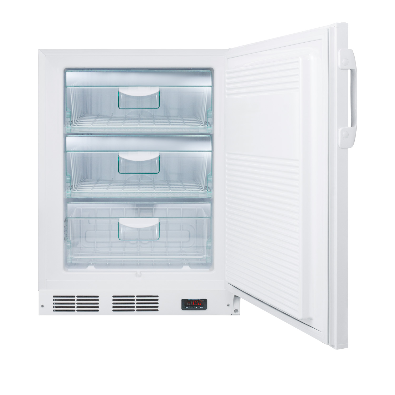 ADA compliant built-in undercounter vaccine all-freezer with digital thermostat, temperature alarm, hospital grade cord, self-closing door, and front lock